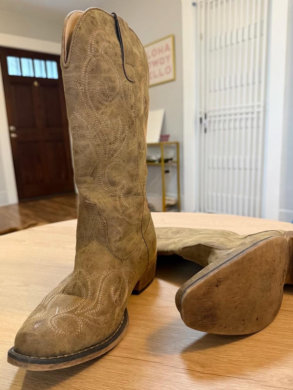 Roper Tan Suede Western Cowboy Boots with Embroidered Shaft